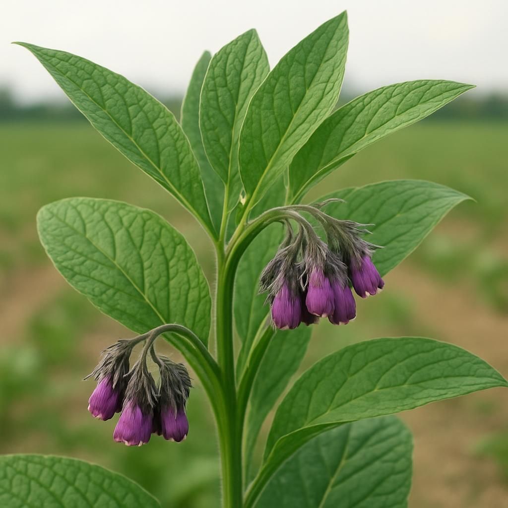 Close-up of vibrant comfrey leaves and purple flowers in a sustainable farm setting