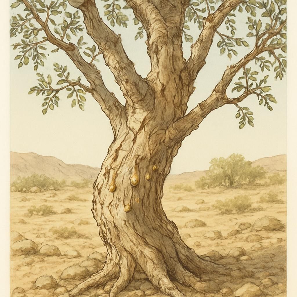 Mature Commiphora myrrha tree with aromatic resin tears on peeling bark in arid landscape