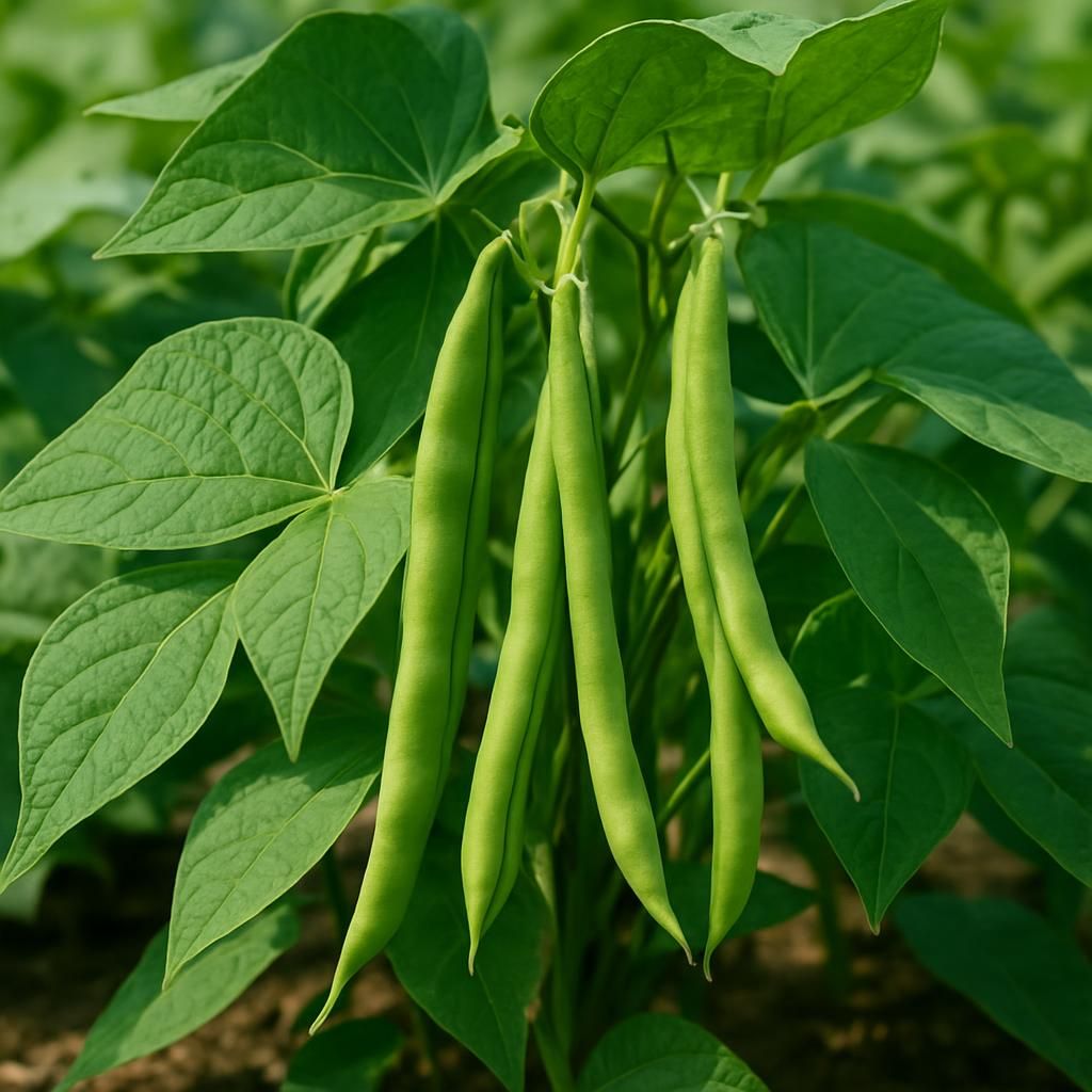 Close-up of common bean plants showing green pods and healthy foliage in a commercial field