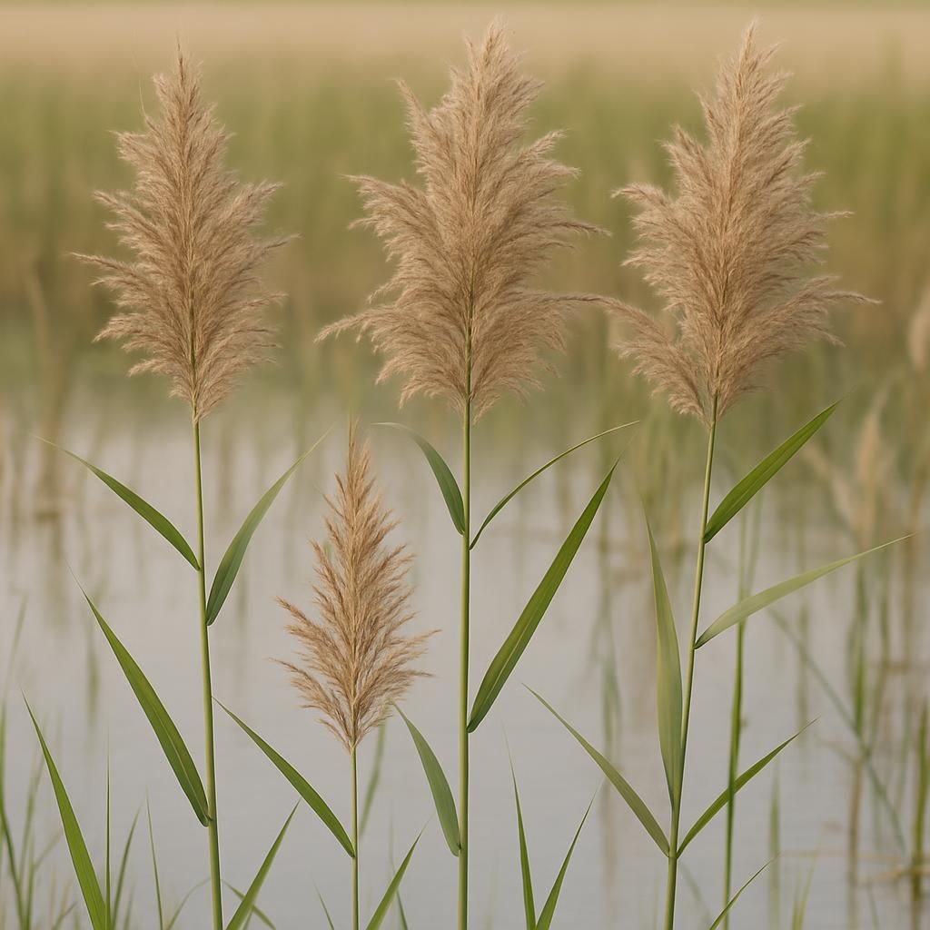 Close-up of mature Common Reed stalks in wetland showing seed heads and water