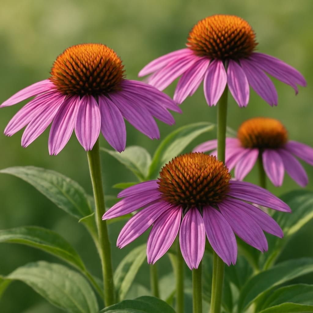 Close-up of blooming purple coneflower Echinacea purpurea with central cone in garden setting