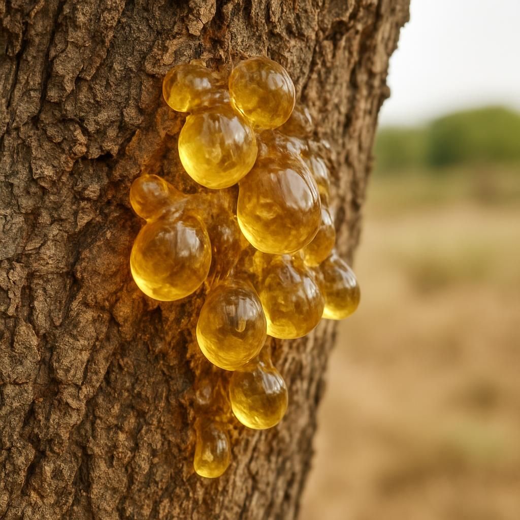 Close-up of aromatic golden Copal resin exuding from Protium copal tree bark in tropical sunlight