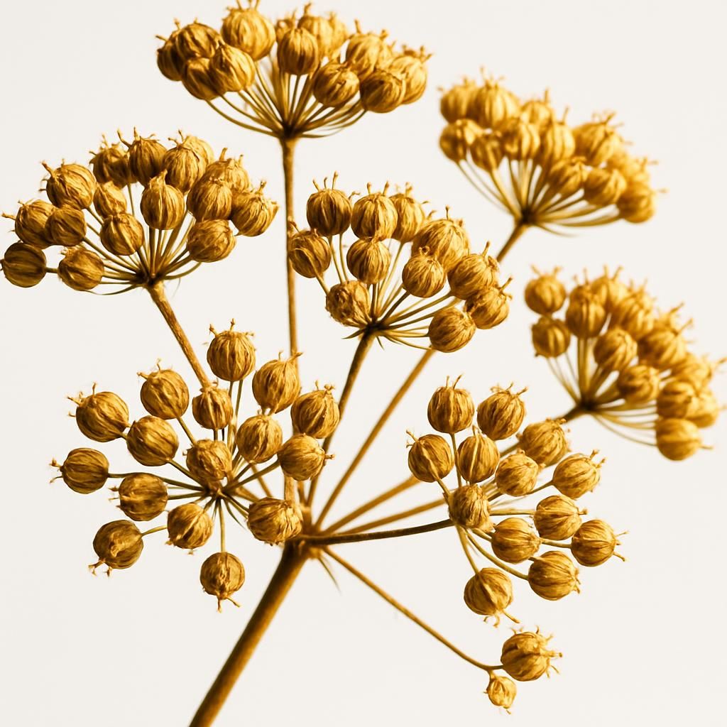 Close-up of dried Indian coriander seed umbels ready for harvest on white background