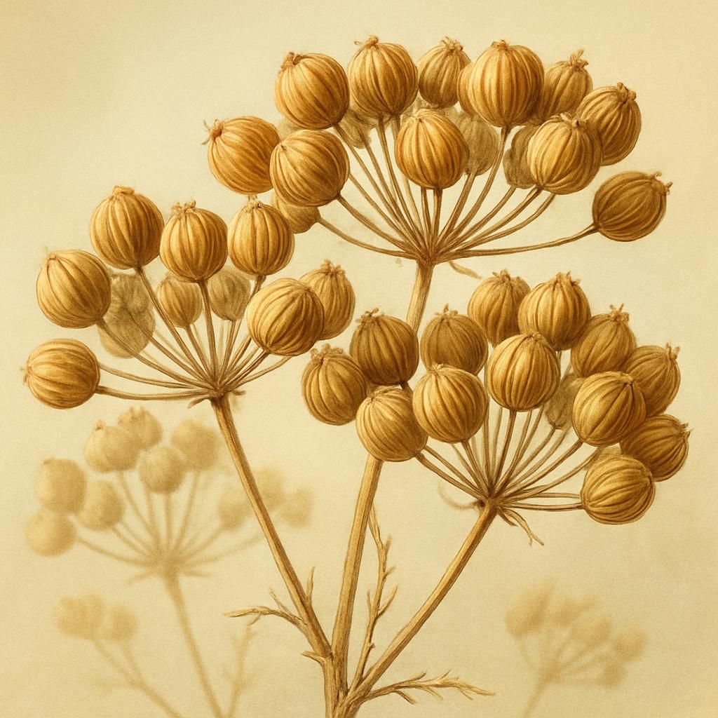 Close-up of mature Moroccan coriander seed heads ready for harvest in golden sunlight