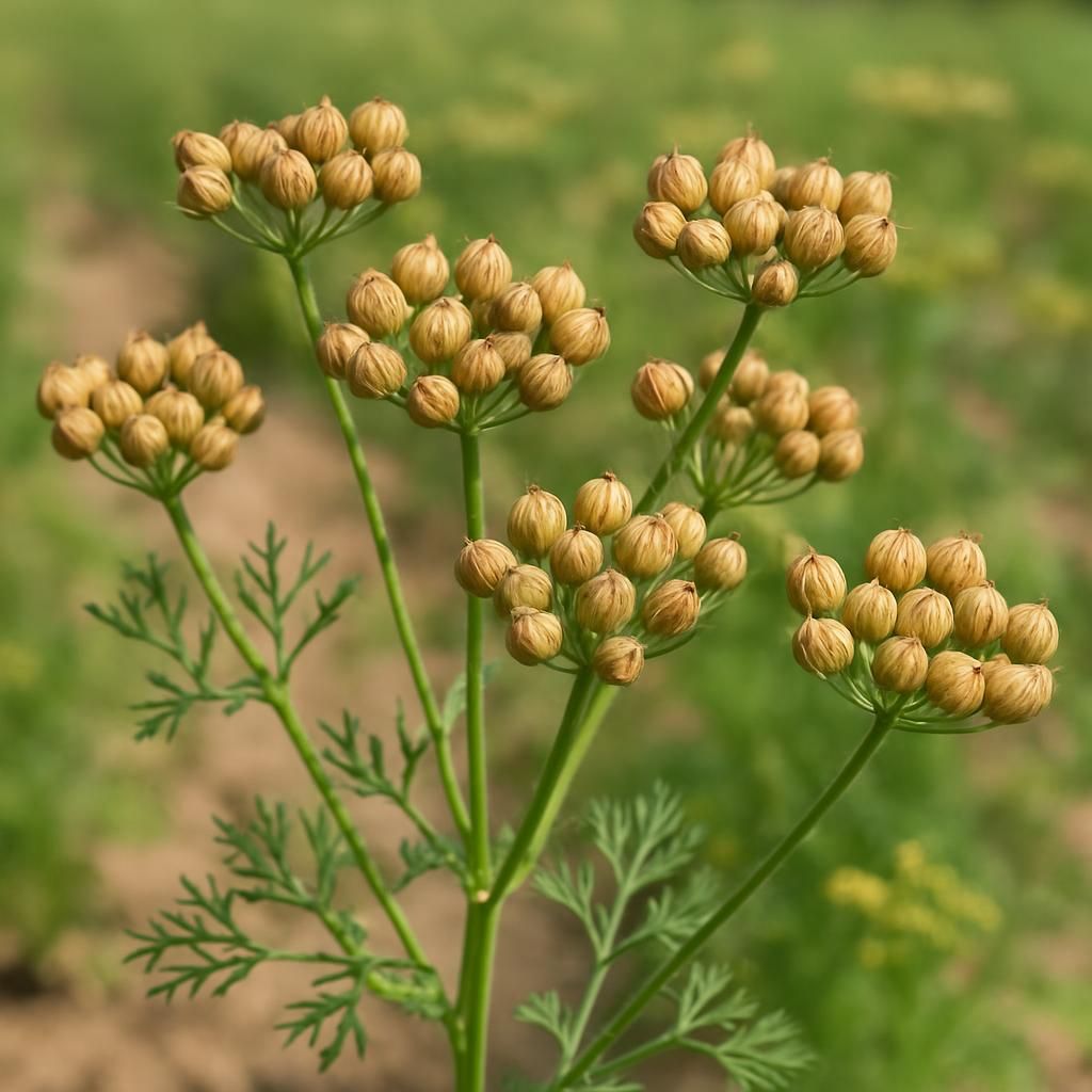 Close-up of Coriander Seed (Santo) plants showing mature seed heads ready for harvest in a commercial field