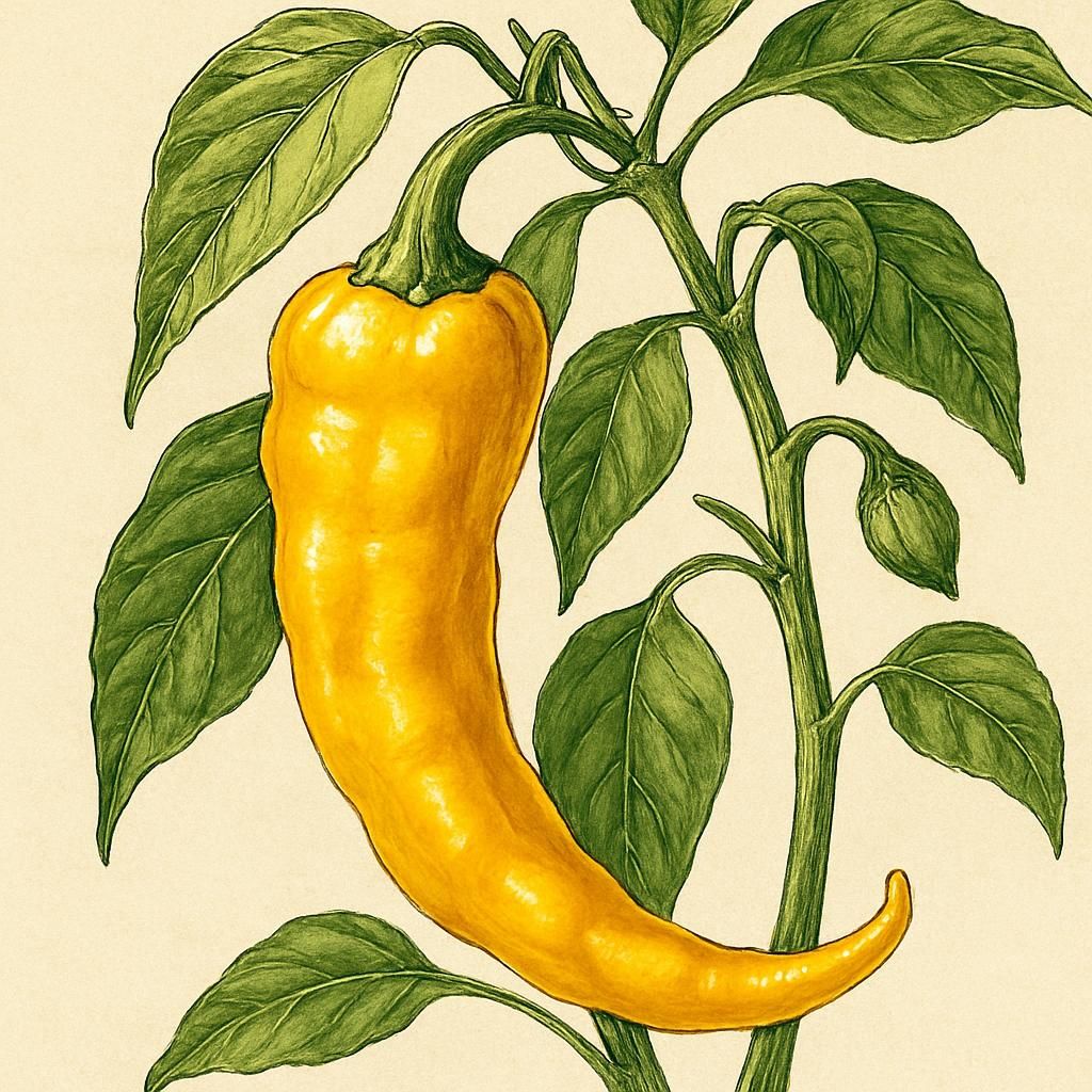 Close-up of a Corno di Toro Giallo pepper with its distinctive yellow color and curvy shape.