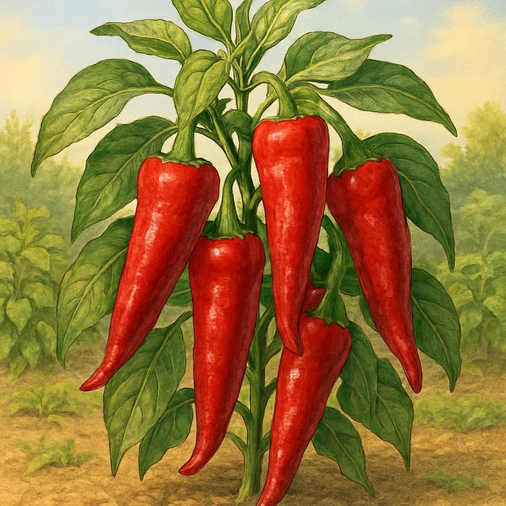 Close-up of vibrant red Corno di Toro Rosso pepper growing in sunlight.