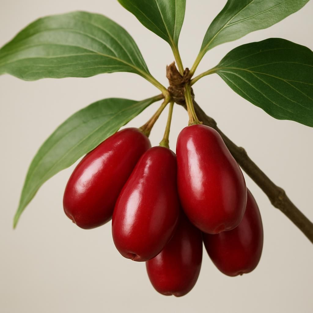 Ripe red Cornelian cherry dogwood berries growing on a branch for agricultural guide