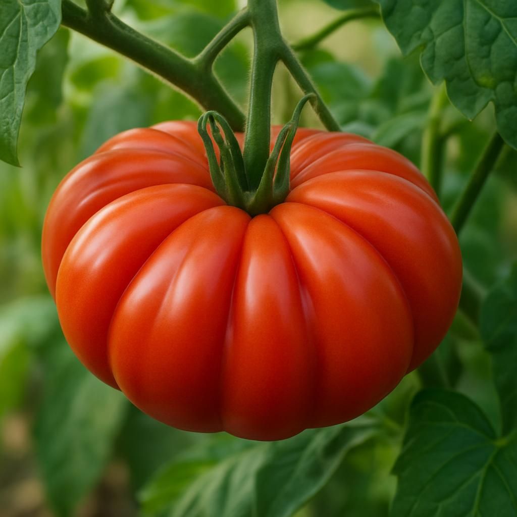 Ripe Costoluto Genovese Tomato showing classic ribbed shape and rich red color on healthy vine