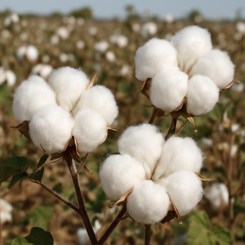 Close-up of mature white cotton bolls ready for harvest on Gossypium plants