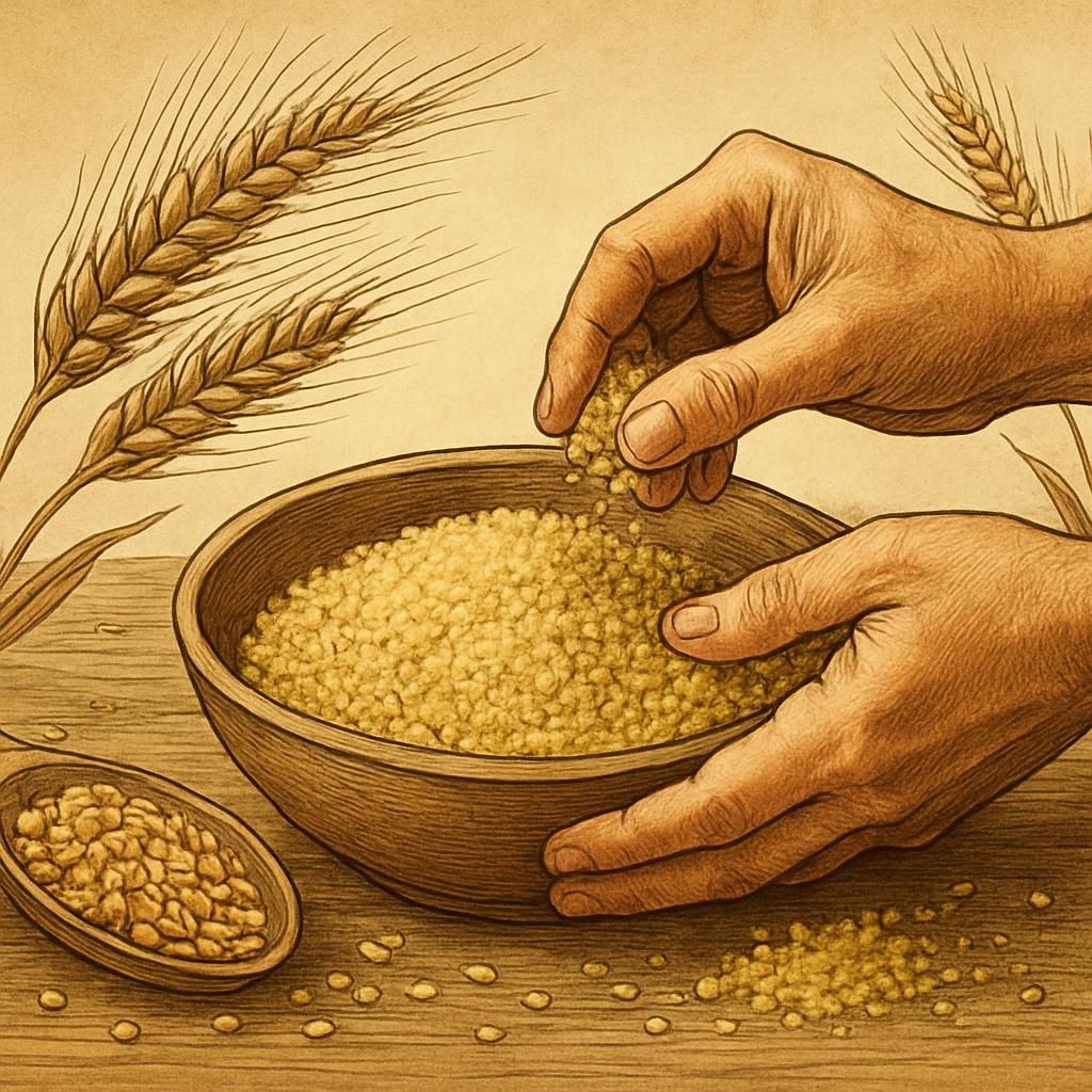 Close-up of hand-rolled Berbere couscous made from durum wheat.