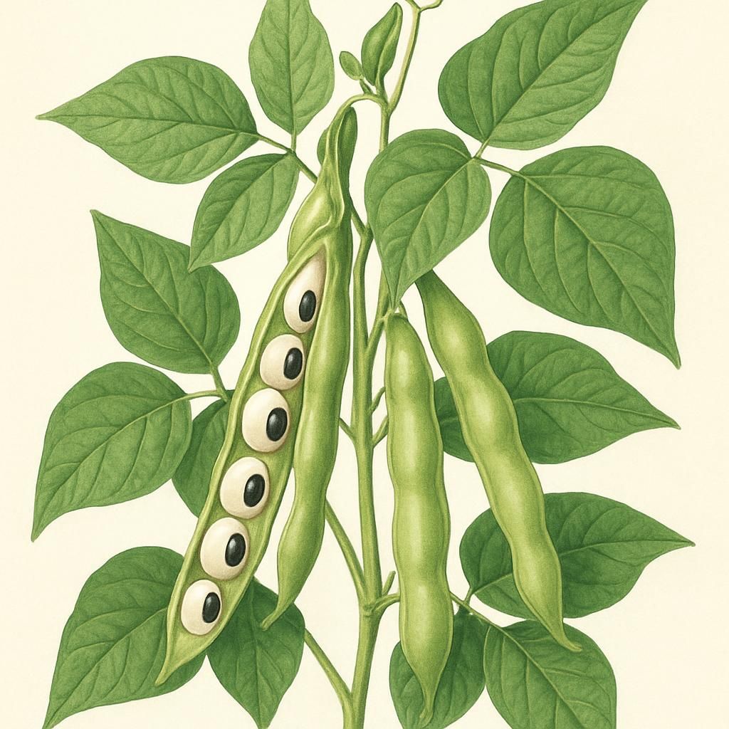 Close-up image of Cowpea plant with black-eyed pods, wrapped in lush green leaves.