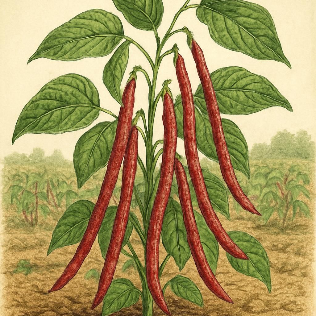 Close-up view of Cowpea (Red Ripper) pods and leaves in a field.