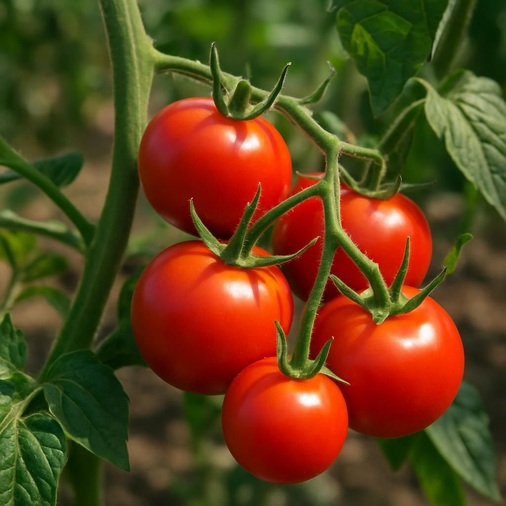Close-up of ripe Coyote Tomato clusters growing on vigorous green vines in a garden setting