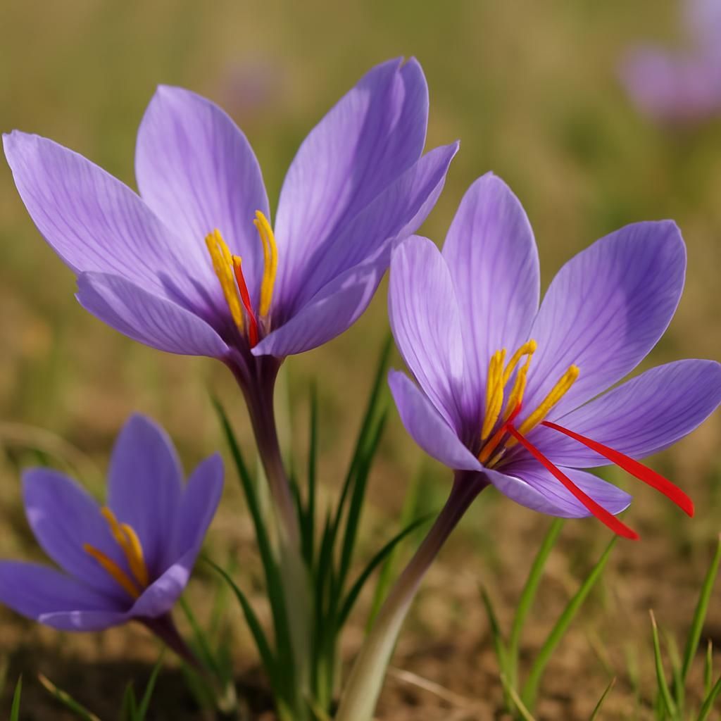Close-up of purple saffron crocus flowers showing red stigmas ready for harvest in a well-drained field