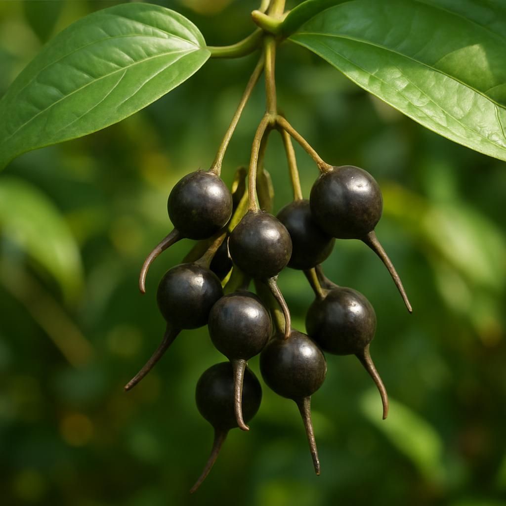 Ripe cubeb pepper berries with tails on vine showing glossy leaves in tropical garden