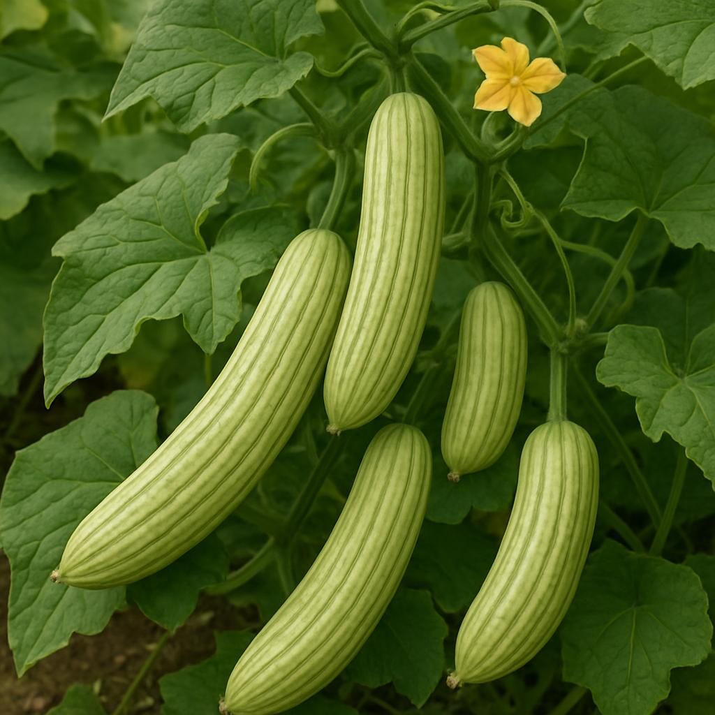 Close-up of a ripe Armenian cucumber on the vine with vibrant green leaves.