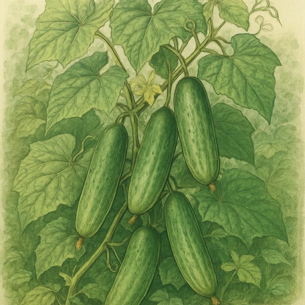Close-up of a Cucumber Bush Slicer plant with ripe cucumbers and green foliage.