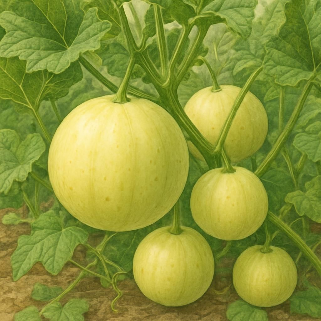 Close-up of Crystal Apple cucumbers on the vine, showcasing their pale yellow skin and unique round shape.