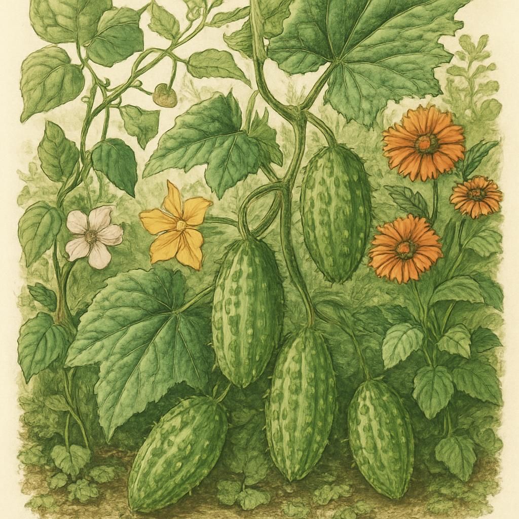 Close-up of West Indian Gherkin on vine with distinctive spiny skin, surrounded by lush green leaves.