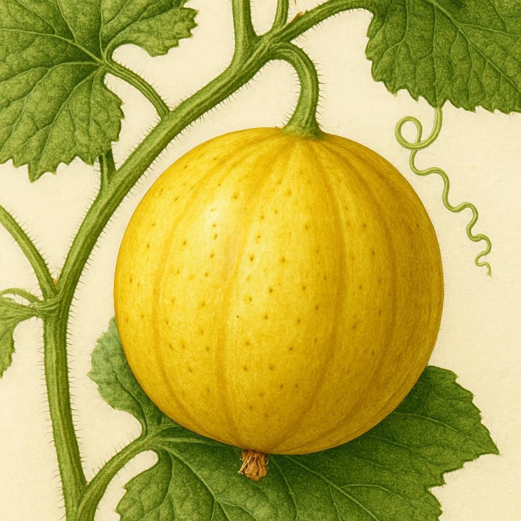 Close-up of a round yellow Lemon Cucumber on a vine, showcasing its unique lemon-like appearance.