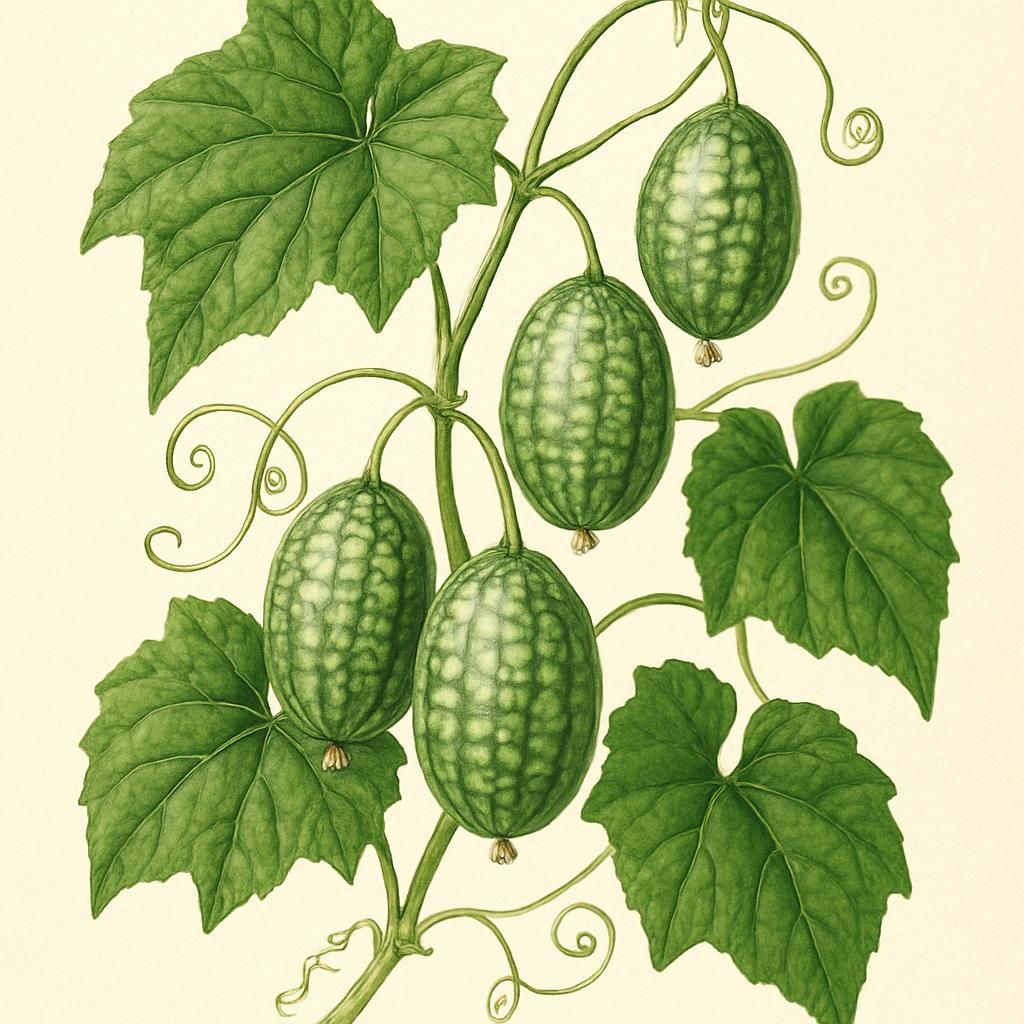 Close-up of Mexican Sour Gherkin on the vine with green, melon-like fruits.