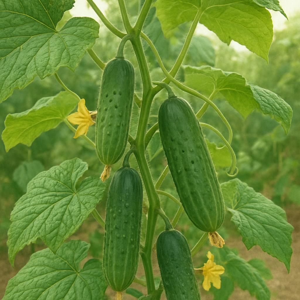 Close-up of National Pickling cucumbers growing on vines, showcasing their uniform size and green texture.