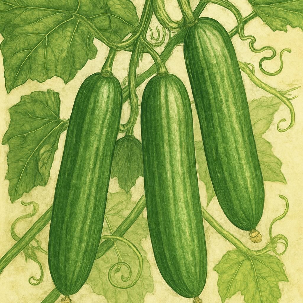 Close-up of Persian cucumbers on the vine in a garden setting