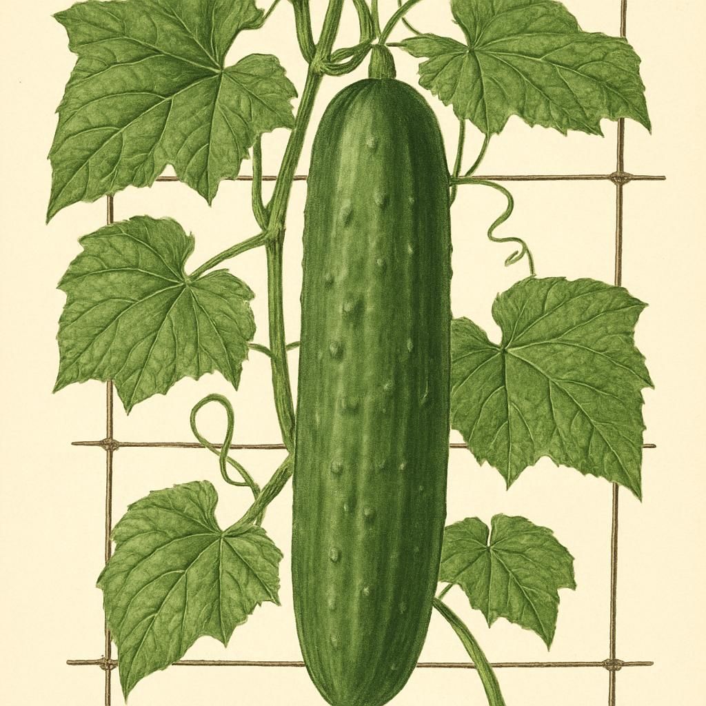 Close-up photo of a Suyo Long Cucumber on a garden trellis, showcasing its length and ribbed green skin.
