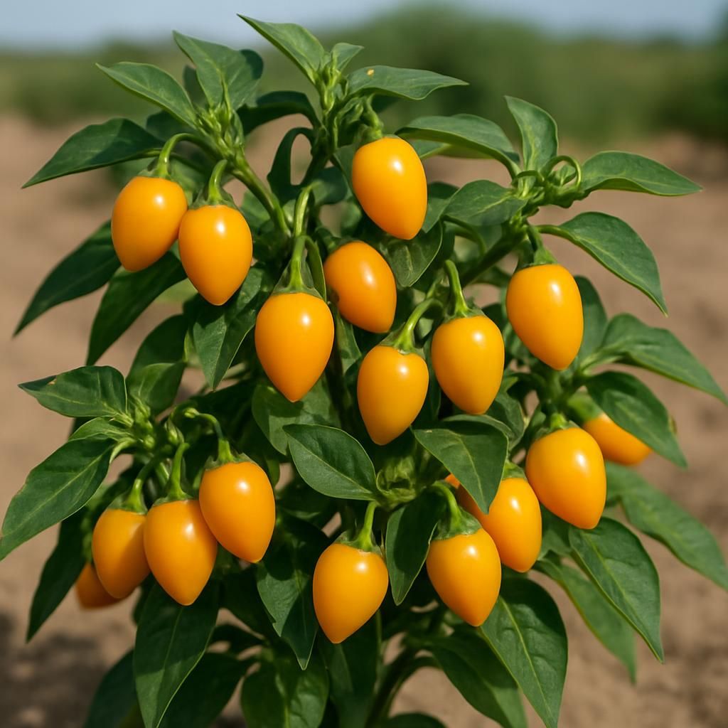 Close-up of ripe yellow-orange Cumari Pepper pods on a healthy plant in full sun