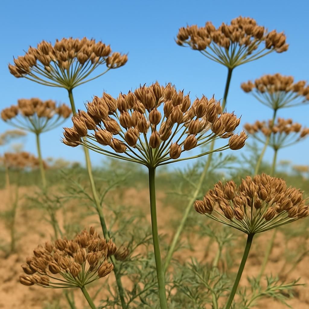 Close-up of cumin plants with ripening seed umbels in sandy soil field