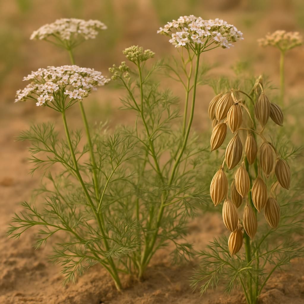 Close-up of cumin plants with ripening seeds in arid field for professional spice crop guide