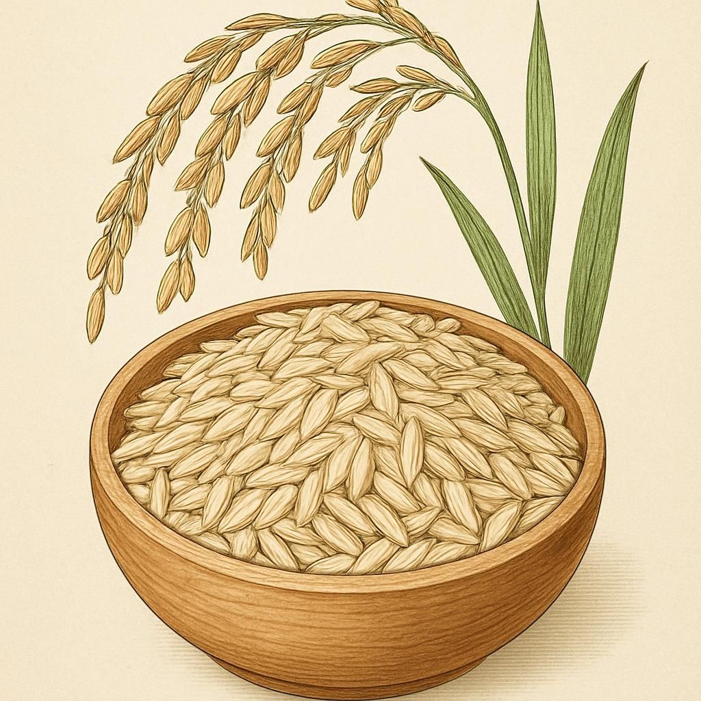 Close-up photo of Cypress Rice grains in a bowl, highlighting their long, slender shape.