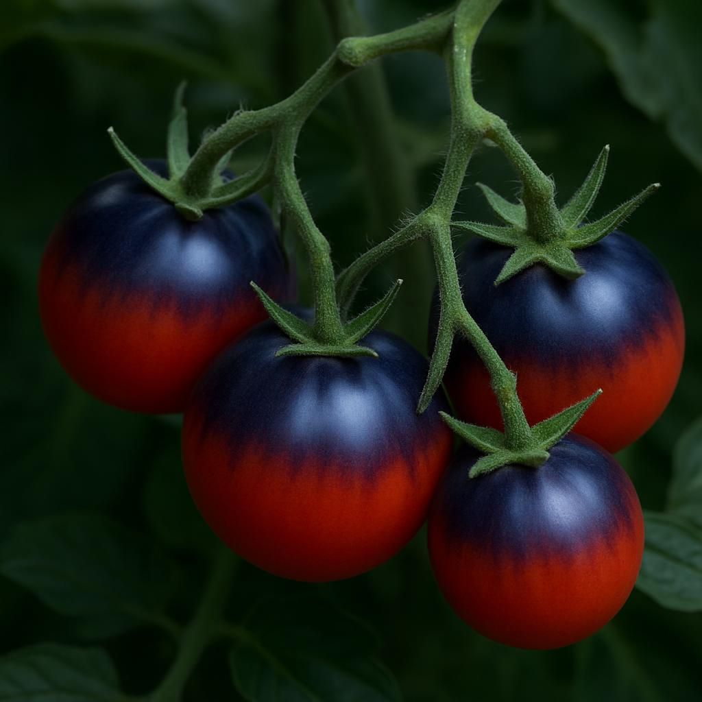 Ripe Dancing with Smurfs Tomato fruits displaying signature blue shoulders and rich red color on compact green plant