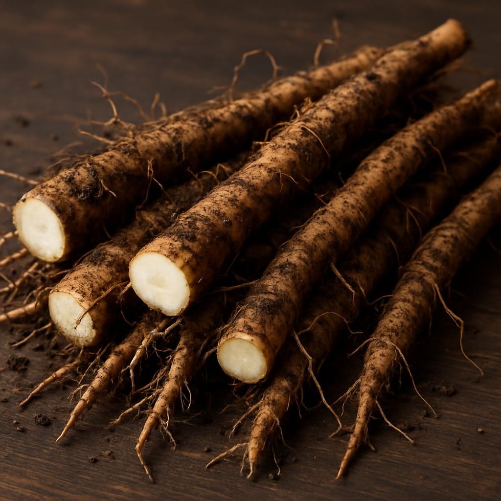 Freshly harvested dandelion roots showing thick taproots and clean white interior on wooden surface