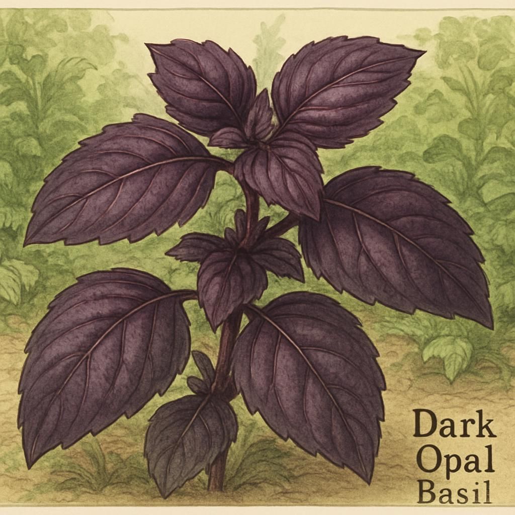 Close-up image of Dark Opal Basil with deep purple leaves in a garden.