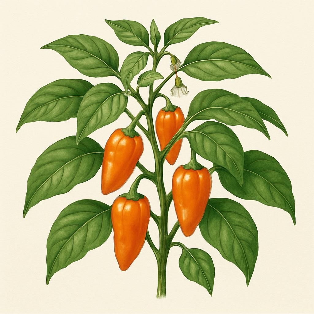 Close-up of vibrant orange Datil Peppers on a healthy plant, ideal for home gardens.