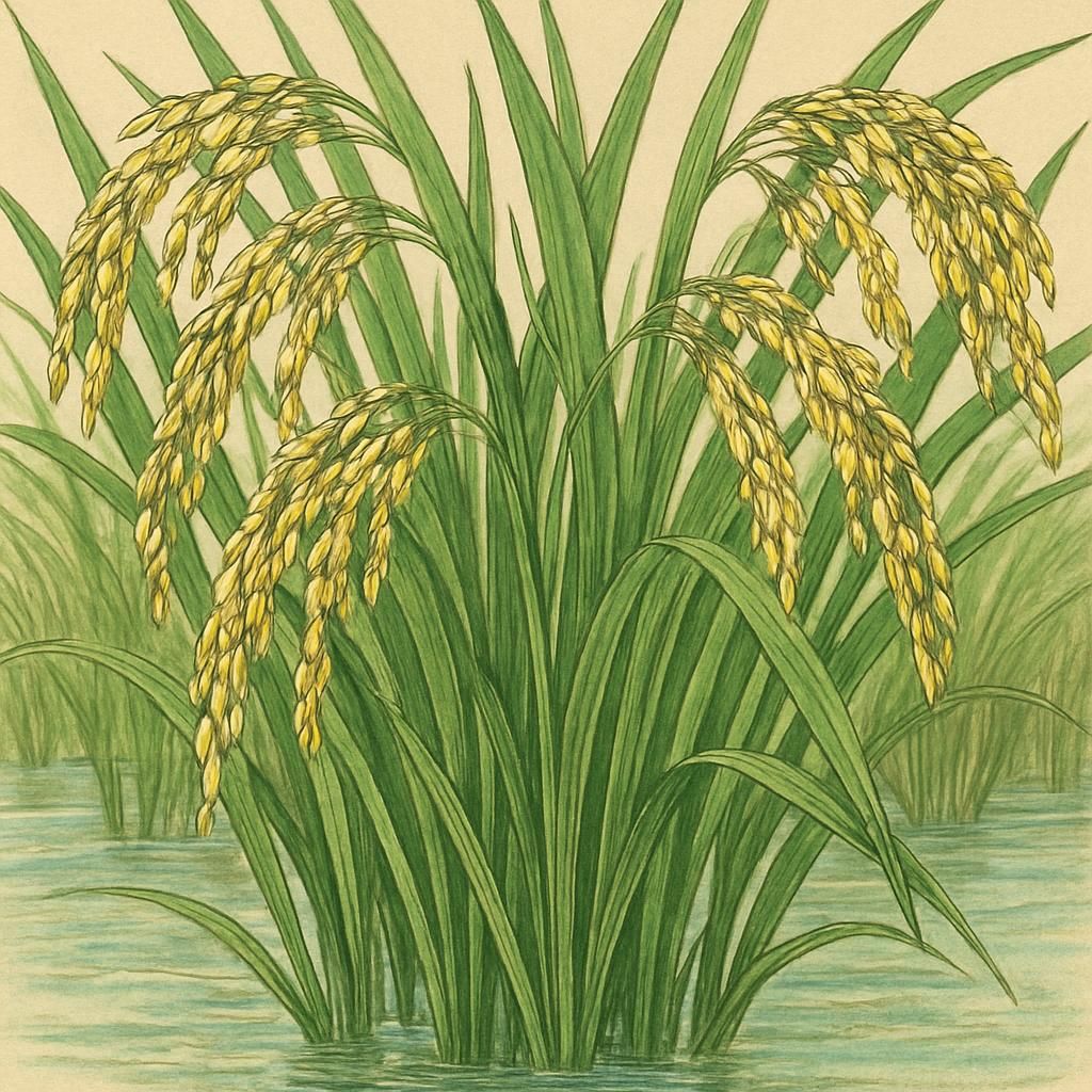 Close-up of Deepwater Rice (Bao) in flooded fields with elongated green stems.