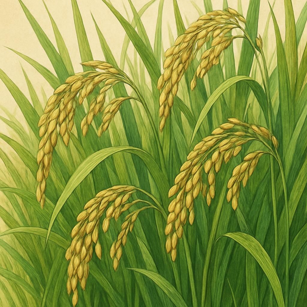 Close-up of Della Rice plants with golden grains in a lush green paddy field.