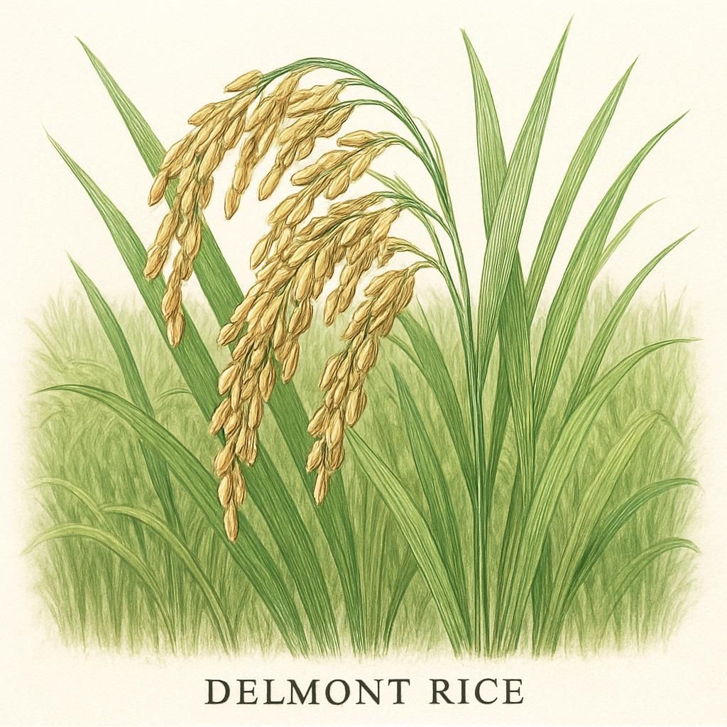 Close-up of healthy Delmont Rice plants in a field, showcasing their vibrant green leaves and robust grains.