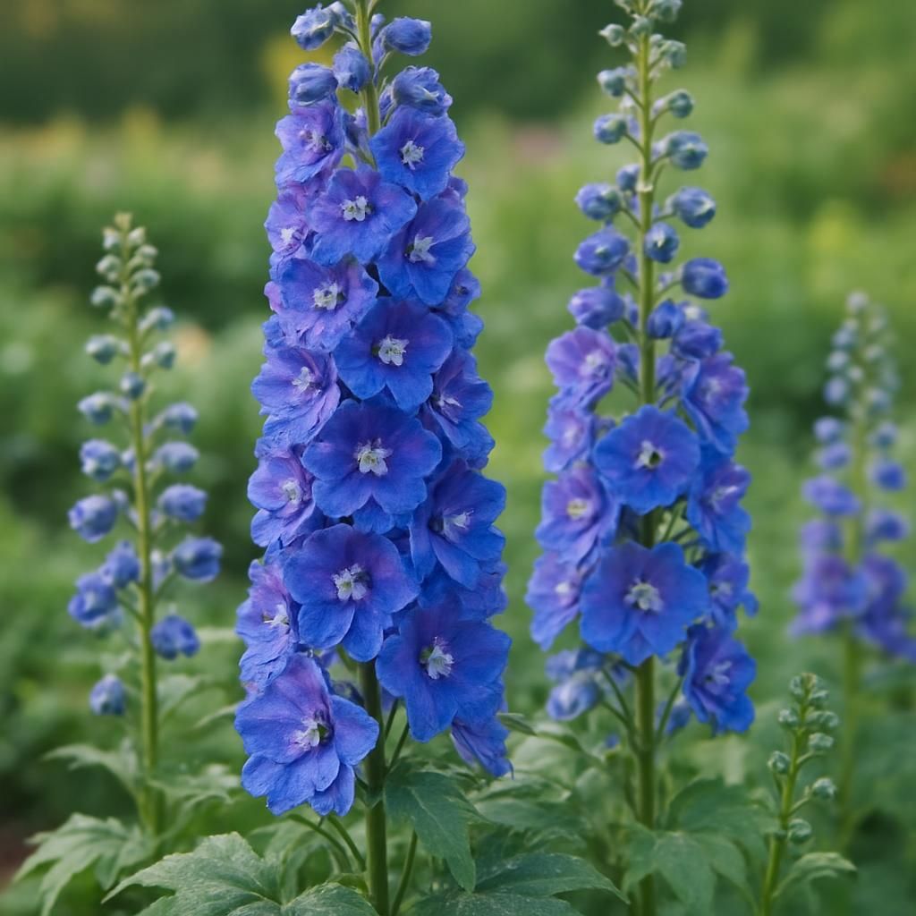 Tall blue and purple delphinium flower spikes in a garden border under soft morning light