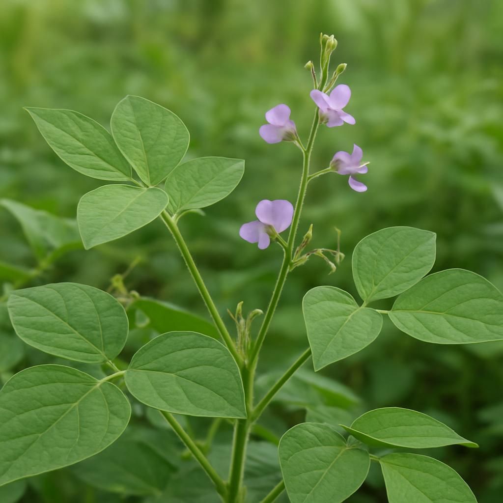 Close-up of thriving Desmodium intortum forage crop with green trifoliate leaves in tropical field