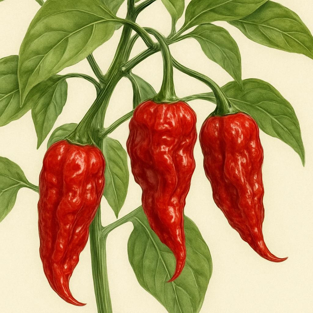 Close-up of glossy red Devil's Tongue Red chili peppers on the vine ready for harvest