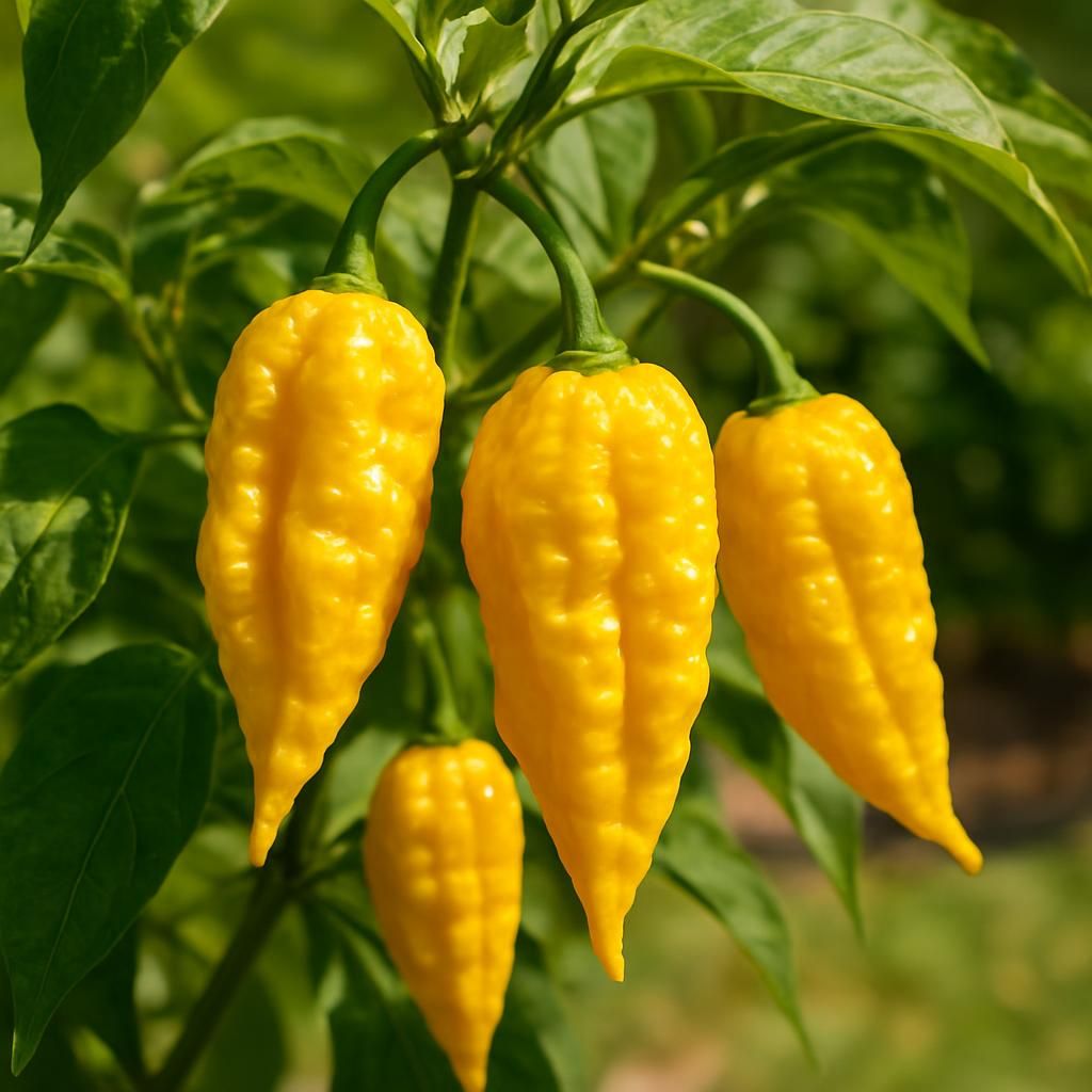 Ripe Devil's Tongue Yellow hot peppers on plant ready for harvest