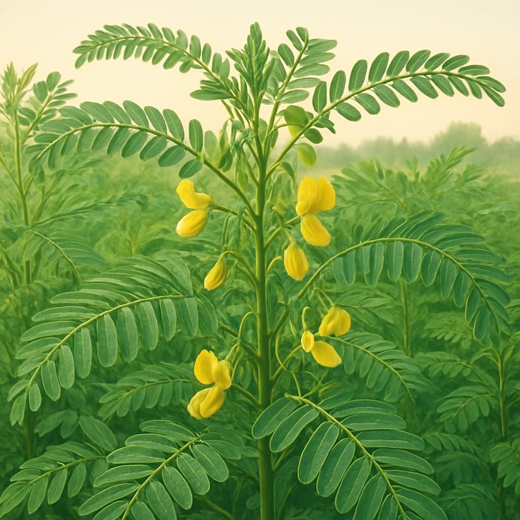 Close-up of Dhaincha green manure crop with yellow flowers in fertile tropical field