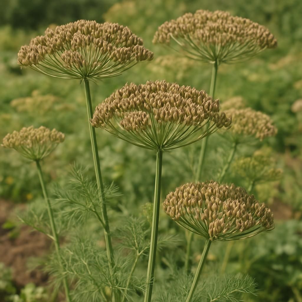 Close-up of Dill Seed (Mammoth) plants showing large ripening seed umbels in organic garden setting