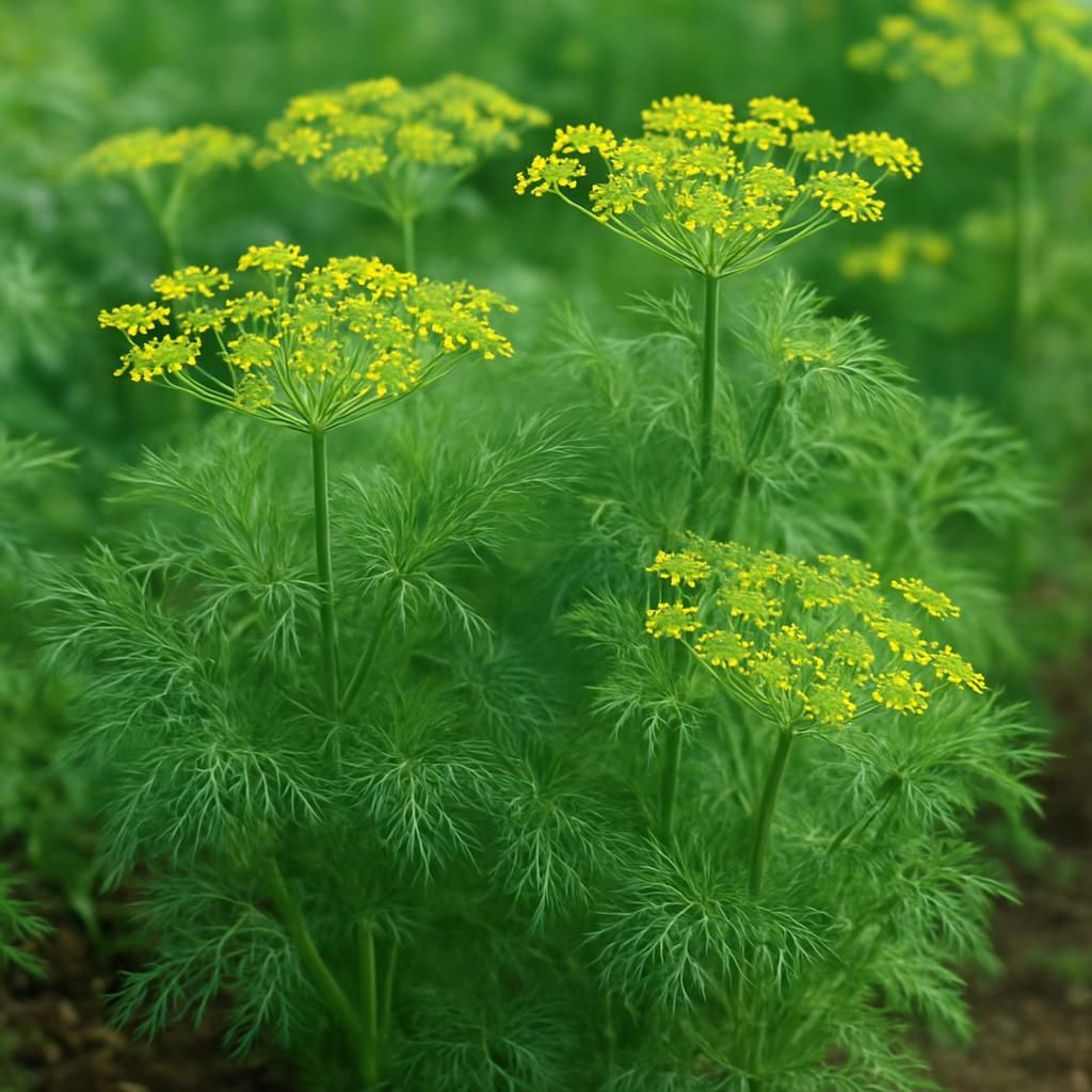 Close-up of vibrant green dill plants with yellow flower umbels in organic garden