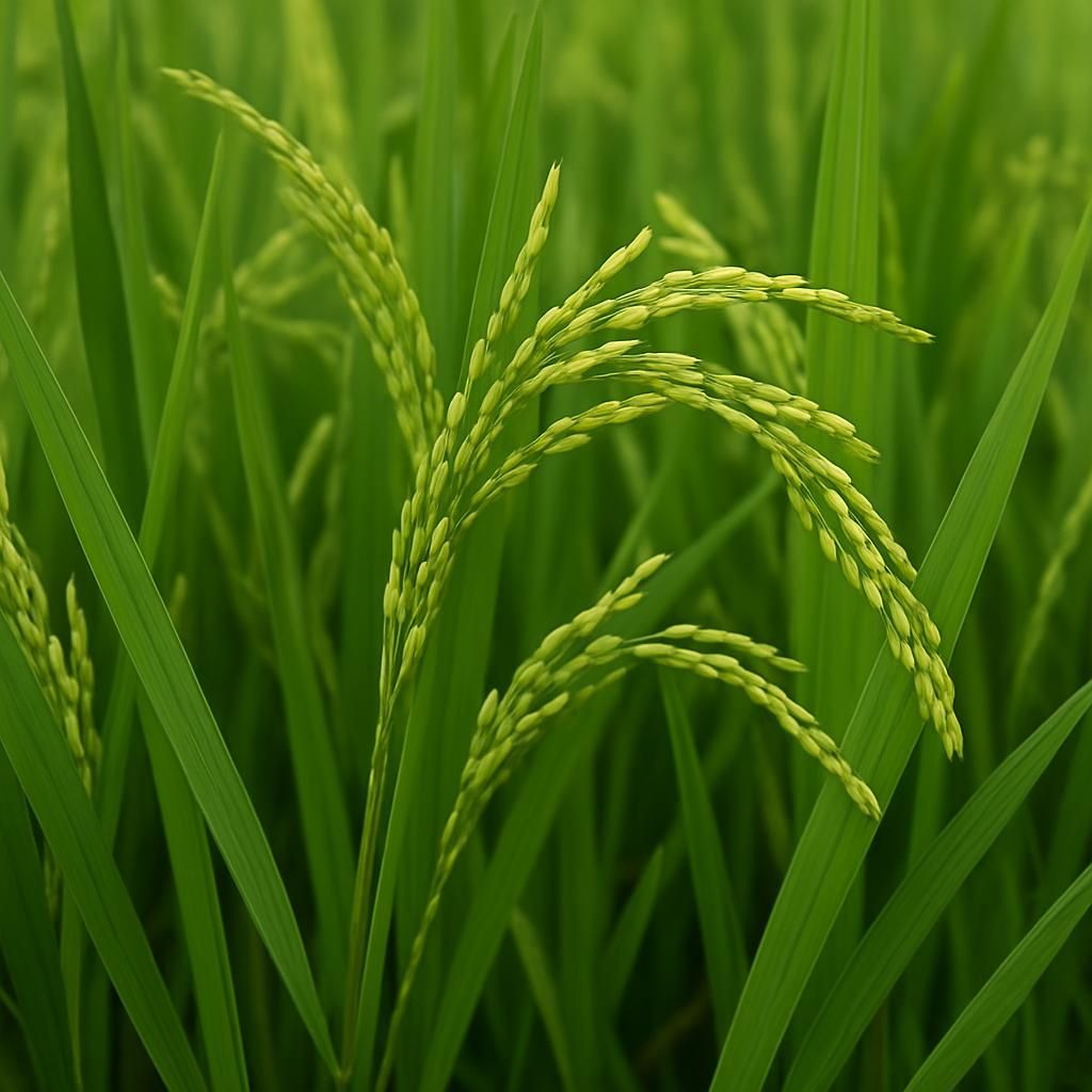 Close-up of Doongara Rice in a paddy field, showcasing lush green leaves and developing rice grains.