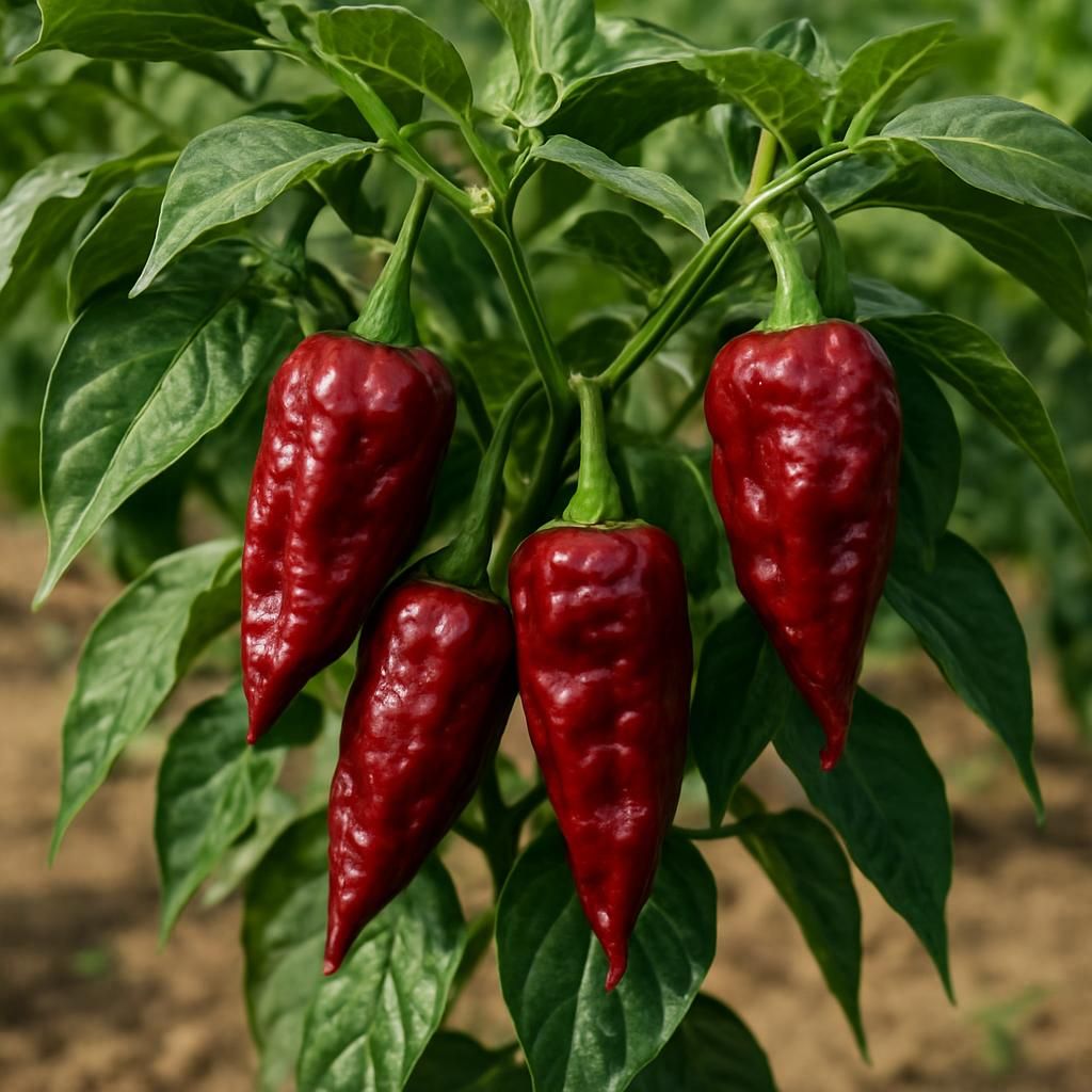 Ripe Dorset Naga chili peppers on the plant ready for harvest