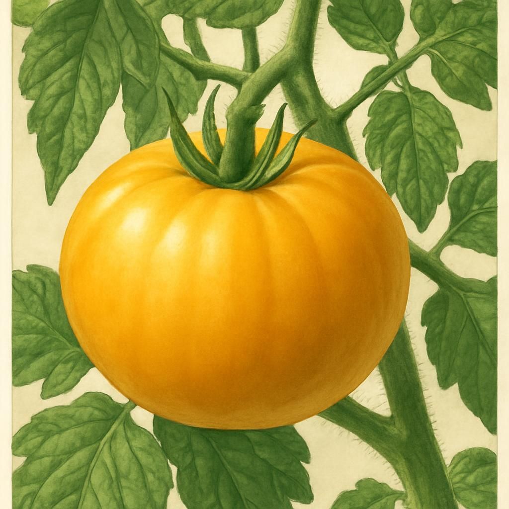 Close-up of ripe golden Dr. Wyche's Yellow Tomato fruit on healthy vine for heirloom tomato growing guide